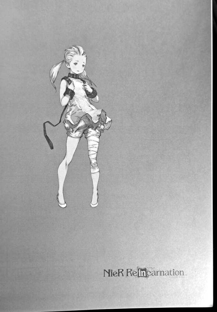 Grayscale artwork of the Girl of Light, Fio, standing listlessly looking right.